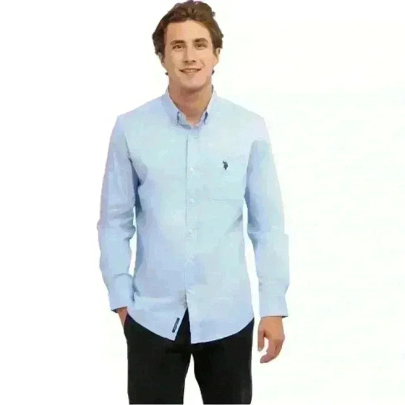 U.S Polo Assn Men’s solid  stretch Poplin long sleeve button down shirt XL 17.5 - Picture 1 of 11